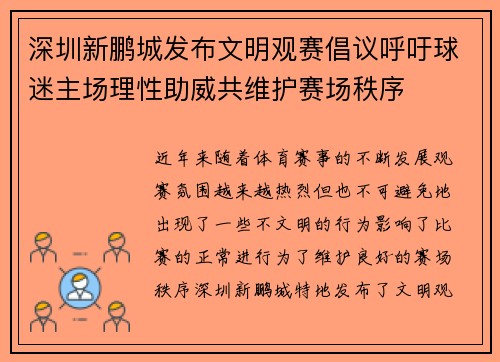 深圳新鹏城发布文明观赛倡议呼吁球迷主场理性助威共维护赛场秩序